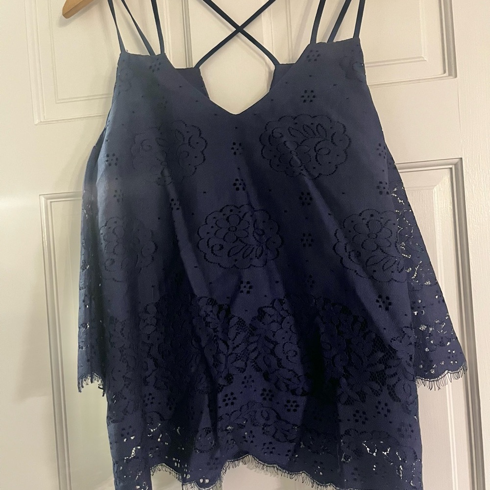 Bar III Navy Lace Peek a boo shoulder tunic